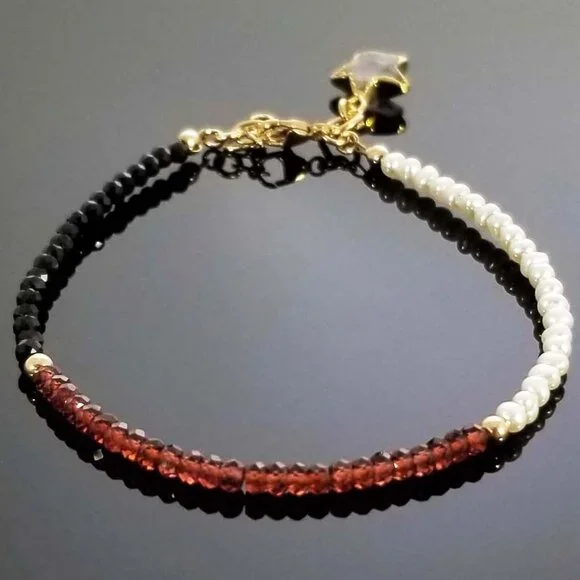Classic Black Spinel Freshwater Pearl Garnet Gold-filled Bracelet - Picture 1 of 10